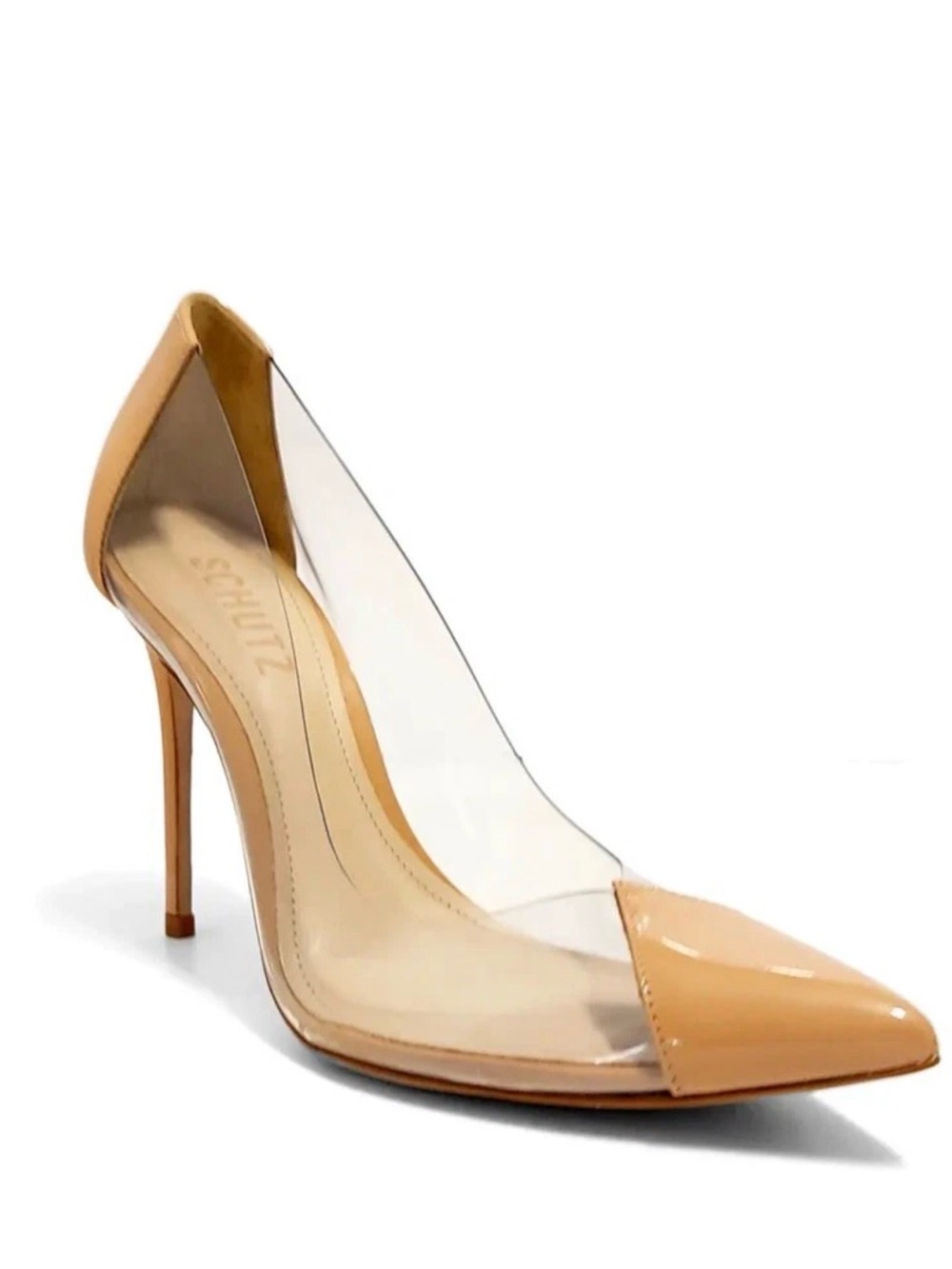 SCHUTZ Tan Nude Pointed-Toe Clear Panel Stiletto. Size 7